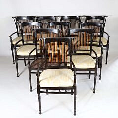 Set of Ten Contemporary Ebonized Multiple Slat Back Dining Chairs with Cushion