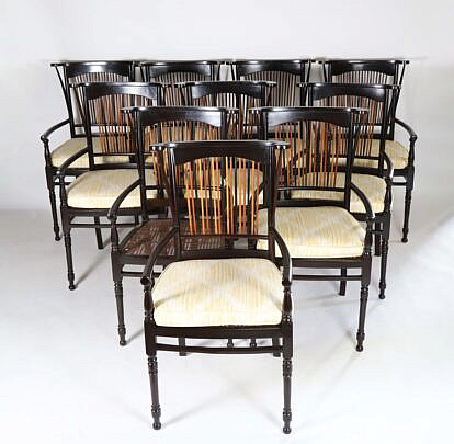 Set of Ten Contemporary Ebonized Multiple Slat Back Dining Chairs with Cushion