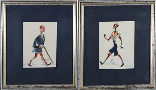 Pair of C. Robert Perrin Watercolor Character Sketches of a Dapper Man and Woman