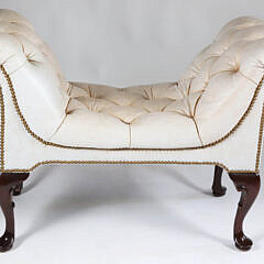 White Tufted Leather Upholstered Window Bench with Brass Hobnail Details,