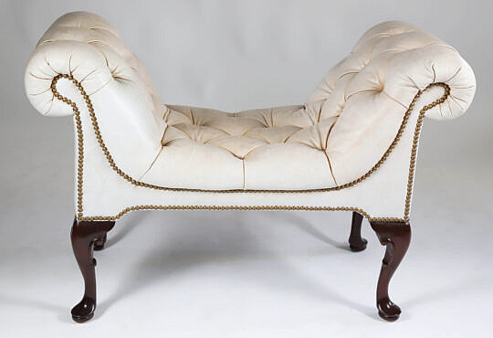 White Tufted Leather Upholstered Window Bench with Brass Hobnail Details,