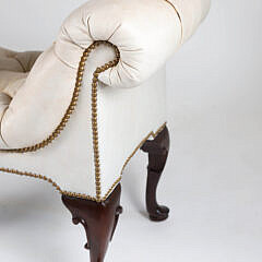 White Tufted Leather Upholstered Window Bench with Brass Hobnail Details
