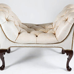 White Tufted Leather Upholstered Window Bench with Brass Hobnail Details