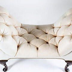 White Tufted Leather Upholstered Window Bench with Brass Hobnail Details