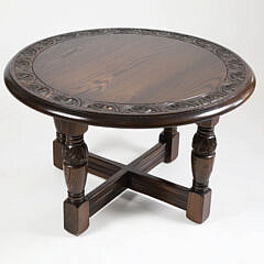 Diminutive English Oak Carved Round Coffee Table