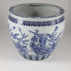 Large Canton Style Blue and White Jardiniere Decorated with Cherry Blossom Branches, Birds and Butterflies