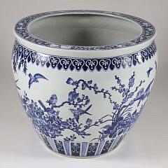 Large Canton Style Blue and White Jardiniere Decorated with Cherry Blossom Branches, Birds and Butterflies
