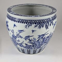 Large Canton Style Blue and White Jardiniere Decorated with Cherry Blossom Branches, Birds and Butterflies