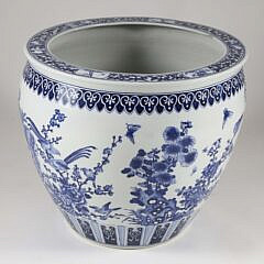 Large Canton Style Blue and White Jardiniere Decorated with Cherry Blossom Branches, Birds and Butterflies