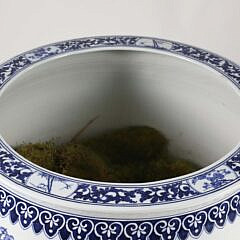 Large Canton Style Blue and White Jardiniere Decorated with Cherry Blossom Branches, Birds and Butterflies