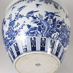 Large Canton Style Blue and White Jardiniere Decorated with Cherry Blossom Branches, Birds and Butterflies