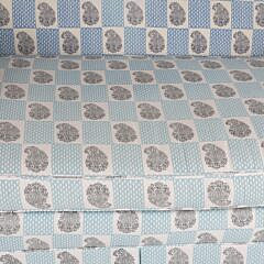 Blue and White Upholstered Rolled Arm Single Cushion Skirted Sofa