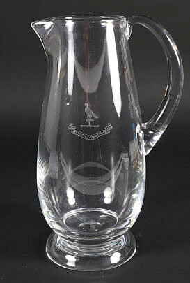Signed Steuben Clear Crystal Water Pitcher with Etched Bird and "Moveo-et-profictor"