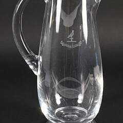 Signed Steuben Clear Crystal Water Pitcher with Etched Bird and “Moveo-et-Proficior”