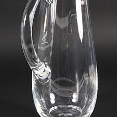 Signed Steuben Clear Crystal Water Pitcher with Etched Bird and “Moveo-et-Proficior”
