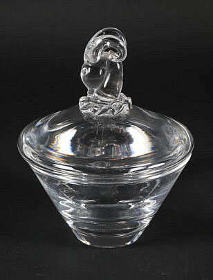 Signed Steuben Clear Crystal Rams Head Covered Candy Dish