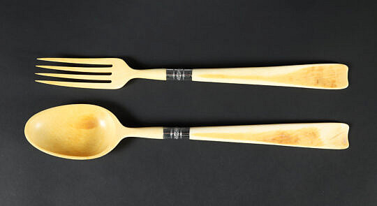 Antique Ivory Salad Serving Fork and Spoon with Sterling Silver Collar