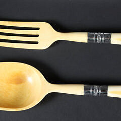 Antique Ivory Salad Serving Fork and Spoon with Sterling Silver Collar