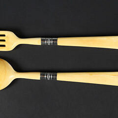 Antique Ivory Salad Serving Fork and Spoon with Sterling Silver Collar