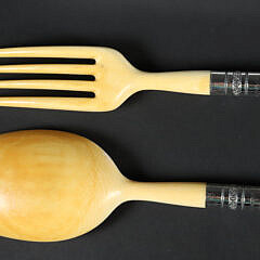 Antique Ivory Salad Serving Fork and Spoon with Sterling Silver Collar