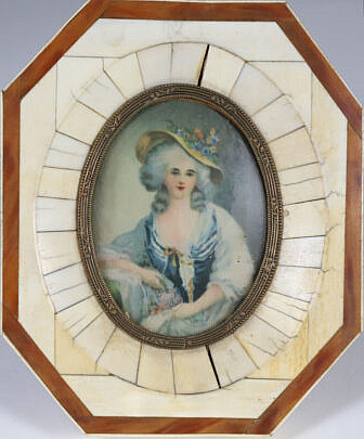 Miniature Portrait of a Lady in Antique Ivory and Tortoiseshell Frame