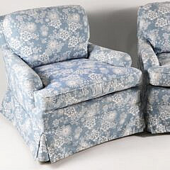 Pair of Blue and White Uphostered Skirted Club Chairs