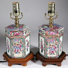 Pair of Vintage Rose Medallion Hexagonal Containers Mounted as Lamps