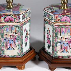 Pair of Vintage Rose Medallion Hexagonal Containers Mounted as Lamps