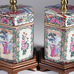 Pair of Vintage Rose Medallion Hexagonal Containers Mounted as Lamps
