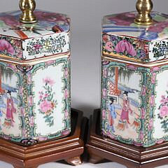 Pair of Vintage Rose Medallion Hexagonal Containers Mounted as Lamps