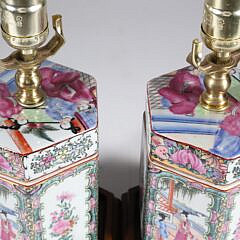 Pair of Vintage Rose Medallion Hexagonal Containers Mounted as Lamps