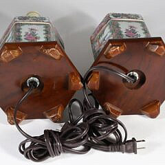 Pair of Vintage Rose Medallion Hexagonal Containers Mounted as Lamps