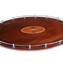 Mahogany Multi-Wood Inlaid Gallery Serving Tray with Sliver Plated Handles and Gallery