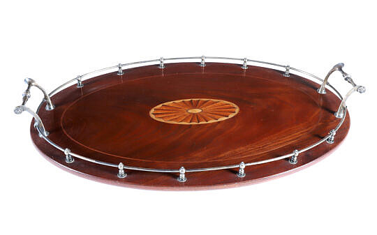 Mahogany Multi-Wood Inlaid Gallery Serving Tray with Sliver Plated Handles and Gallery