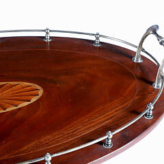 Mahogany Multi-Wood Inlaid Silver Plated Gallery Serving Tray