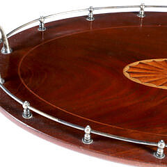 Mahogany Multi-Wood Inlaid Silver Plated Gallery Serving Tray