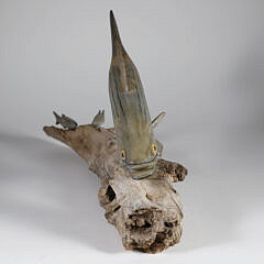 Folk Art Carved and Painted Striped Bass on Driftwood Base