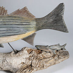 Folk Art Carved and Painted Striped Bass on Driftwood Base