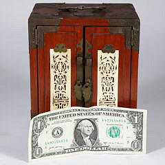 Vintage Miniature Chinese Teakwood and Brass Bound Jewelry Cabinet