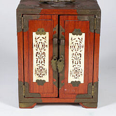 Vintage Miniature Chinese Teakwood and Brass Bound Jewelry Cabinet