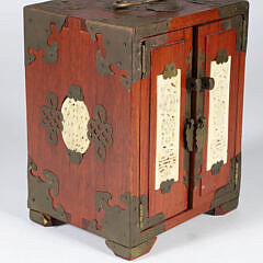 Vintage Miniature Chinese Teakwood and Brass Bound Jewelry Cabinet