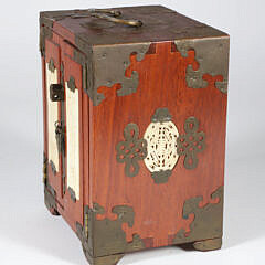 Vintage Miniature Chinese Teakwood and Brass Bound Jewelry Cabinet