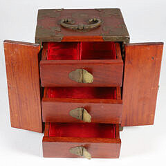Vintage Miniature Chinese Teakwood and Brass Bound Jewelry Cabinet