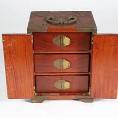 Vintage Miniature Chinese Teakwood and Brass Bound Jewelry Cabinet