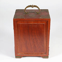 Vintage Miniature Chinese Teakwood and Brass Bound Jewelry Cabinet