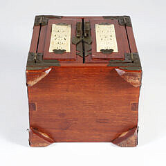 Vintage Miniature Chinese Teakwood and Brass Bound Jewelry Cabinet