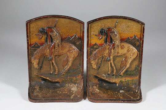 Antique Cast Iron Painted "End of the Trail" Native American Bookends