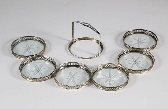 Sterling Silver and Glass Coaster Set in Carrying Caddy
