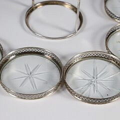 Sterling Silver and Glass Coaster Set in Carrying Caddy