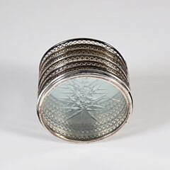 Sterling Silver and Glass Coaster Set in Carrying Caddy